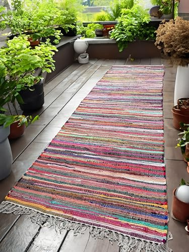 Second Nature Online - SHANTI Multi Coloured Runner Rug | Hand Woven | Eco-Friendly: 100% Recycled Fabric | Ethically Sourced | Flat Weave (75 cm x 240 cm)