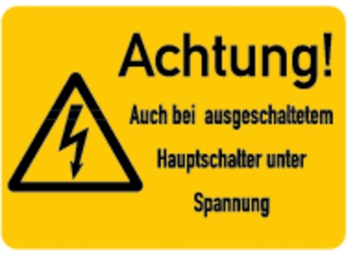 LEMAX® Aufkleber Warnschild, Auch bei ausgeschaltetem Hauptschalter unter Spannung, ISO 7010 Folie selbstklebend 52x37mm 500 Stk.