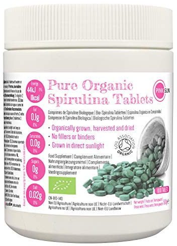 PINK SUN Organic Spirulina Tablets 1000 x 500mg Tabs Gluten Free Non GMO Suitable for Vegetarians and Vegans Certified Organic by The Soil Association 500g Bulk Buy