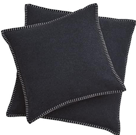 David Fussenegger Sylt Cushion Cover Plain with Embroidery Stitch, charcoal, 50 cm x 50 cm
