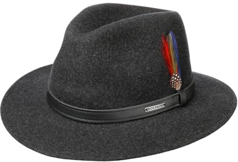 Stetson Powell Traveller Filthatt Damer/Herrar - Made in the EU hatt i ullfilt herrhatt outdoorhatt med läderband Sommar-Vinter Vår Sommar Höst Vinter - M (56-57 cm) antracit