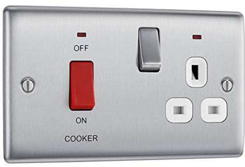 BG Electrical Cooker Switch with Socket and LED, Cooker Control Unit, Control Socket, Double Pole, Raised Profile, Round Edges, Nexus Metal, Brushed Steel, White Inserts, 45A, NBS70W