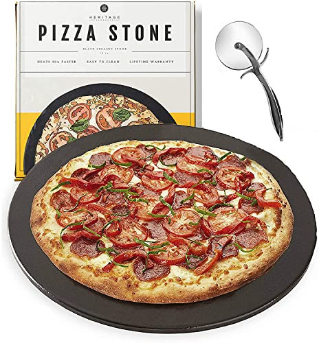 Heritage Pizzastein, Keramik, 38,1 cm, professionelles Zubehör, keine Flecken, inklusive Pizzaschneider, Schwarz