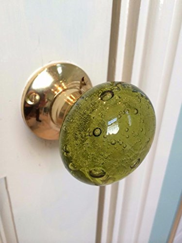 Chattels Beautiful Pair of Large Contemporary/Retro Round SAGE Green Smooth Bubble Glass Brass Mortice Door Knobs/Handles PL