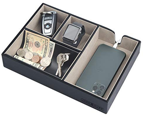 Jackcubedesign - Bandeja organizadora de piel para mesa,cajón o aparador, vacíabolsillos para llaves, teléfono, cartera, monedas, joyas y mesita de noche (negro, 27 x 18 x 5 cm) - MK233A