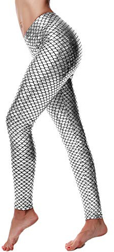 DIAMONDKIT Women Sexy Mermaid Fish Scale Hologram Stretch Soft Shine Leggings (L, White Silver)