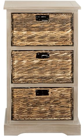 SAFAVIEH Home Collection – Halle White Washed Storage Side Table with Wicker Baskets, Farmhouse Accent Storage, Fully Assembled (AMH5738E)