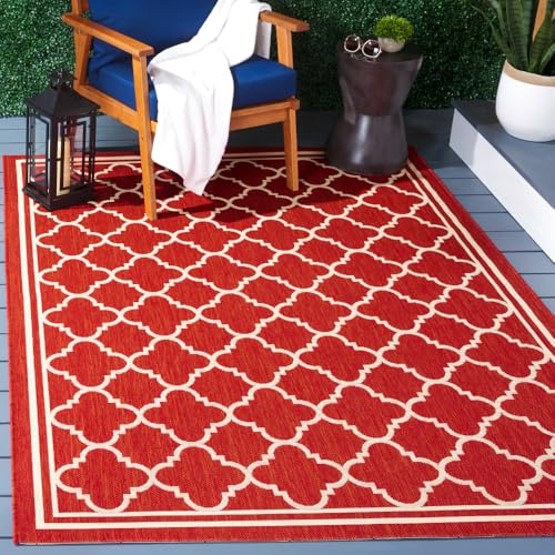 SAFAVIEH Washable Rug Outdoor Courtyard Collection - 4' x 5'7, Red & Bone, Non-Shedding & Easy Cleaning, Ideal for Patio, Backyard, Mudroom (CY6918-248)