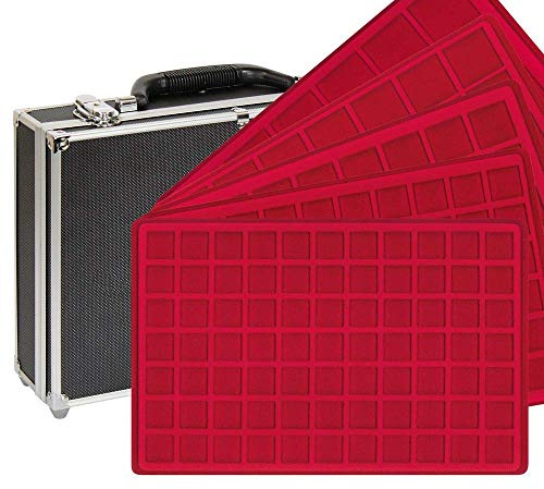 LINDNER Das Original Großer Münzen-Sammelkoffer mit 8 roten Münztableaus in 5 verschiedenen Tableau-Varianten, für 355 Münzen