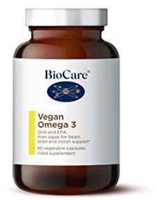 BioCare Vegan Omega-3 | Vegetable Capsules | DHA and EPA from Algae for Heart, Brain and Vision Support | Food Supplement | Suitable for Vegetarians and Vegans | 60 Capsules