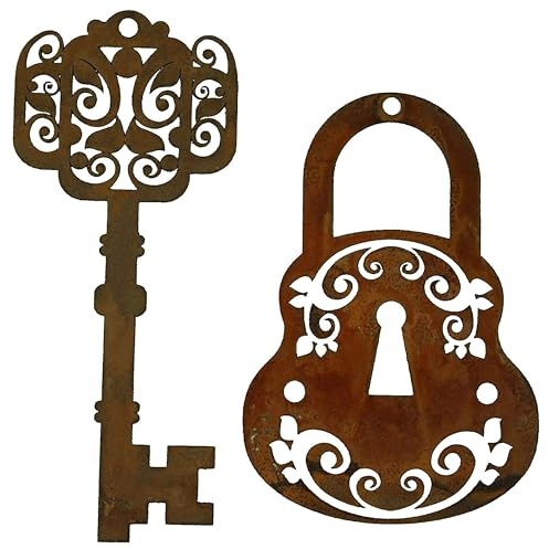 Rostikal | vintage Deko Schlüssel mit Schloss | Rost Dekohänger aus Metall im Set | 12 cm