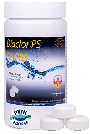 Cloro Choque Rápido Piscinas Pequeñas - DIACLOR PS Rapid 1 KG - Pastillas de Cloro Rápido (20 gr) - Tratamiento de Choque - Especial Piscinas PEQUEÑAS - SIN Cobre