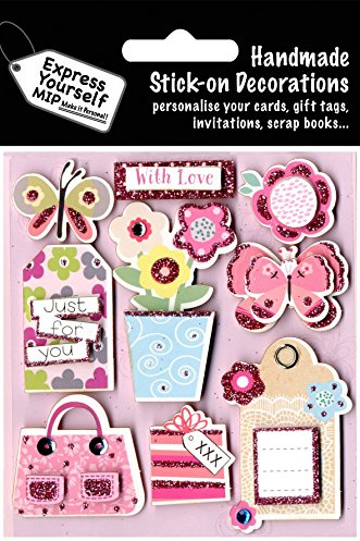Express Yourself MIP, självhäftande, fjärilar, blommor och väskor med kärlekstopp – perfekt för korttillverkning, scrapbooking, pappershantverk, barnhantverk etc