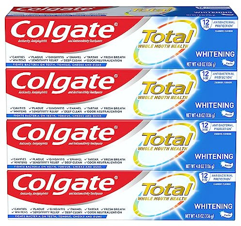 Colgate Total Teeth Whitening Toothpaste, 10 Benefits Including Sensitivity Relief ,Whitening Mint, 4.8 oz ( Pack of 4 )