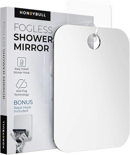HONEYBULL Fogless Flat Shaving Mirror for Shower, Stick-On Bathroom Mirror, Clear Reflection, Ideal for Shaving, Makeup, and Skincare Routine (Medium)