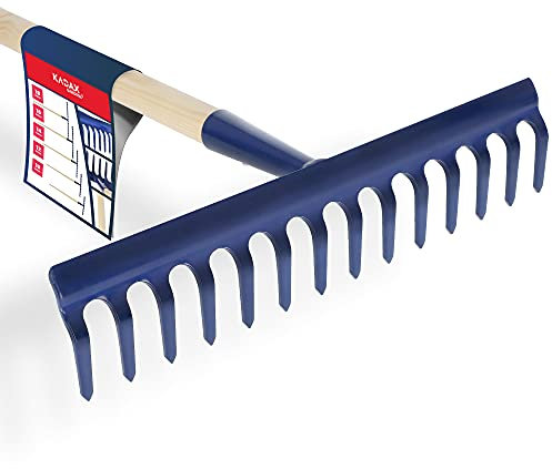 KADAX Rechen, breite Harke mit verstärktem Kopf, Laubbesen aus Metall, Laubrechen mit langem Stiel aus Holz, Gartengerät zum jäten, düngen, Gartenharke für Rasen, Beeten (14 Zinken)