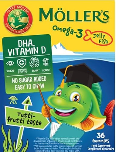 Moller’s ® | Omega 3 Pour Enfants | Huile de Poisson Omega 3 Avec DHA et EPA, Sans Gluten, Lactose ni Sucre Ajouté, et Facile à Mâcher | Saveur de Tutti Frutti | 36 Unités