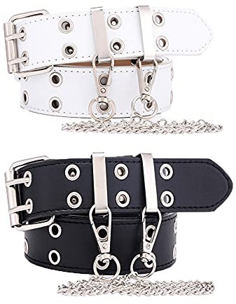 Vobozeany Vobony 2 Stück Nietengürtel Doppelloch mit Leder für Damen und Herren Mode Punk Gürtel Hip Hop Glattleder Hosengürtel Breiter Gürtel