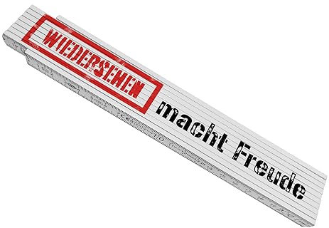 Meterstab aus Holz mit besonderem Design und Spruch - Wiedersehen macht Freude um Freunde, Kollegen und Mitarbeiter drauf hinzuweisen dass der Meterstab aus Holz nach dem Leihen