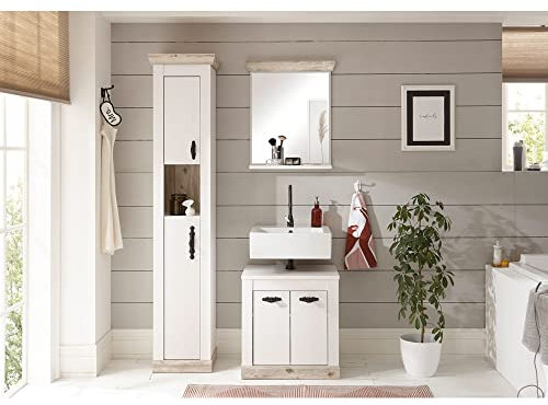 Lomadox Badezimmer Kombination in Pinie weiß Nb. mit Absetzungen in Pinie dunkel Nb., B/H/T: ca. 122/200/46 cm