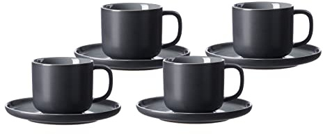 Ritzenhoff & Breker Jasper Kaffeetassen mit Untertassen, 4er Set, Schwarz, 240 ml, Kaffeegeschirr mit Soft-Touch-Haptik & Mattglasur, Spülmaschinengeeignet