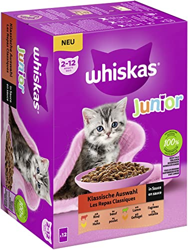 Whiskas Junior kattmat klassiskt urval i sås, 12 x 85 g (1-pack) – högkvalitativt våtfoder för unga katter från 2 till 12 månader i 12 portionspåsar