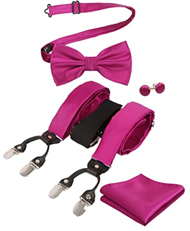 Alizeal Juego de pajarita y tirantes, pañuelo y gemelos para hombre, color liso, 6 clips, color negro, 072-magenta, Taille unique