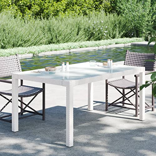 Festnight Gartentisch Rattan Weiß,Gartentische Für Draußen,Terassentisch Wetterfest,Rattan Tisch,150 x 90 x 75 cm Balkontisch Rattan,Outdoor Esstisch,Esstisch Balkon,Gehärtetes Glas Poly Rattan