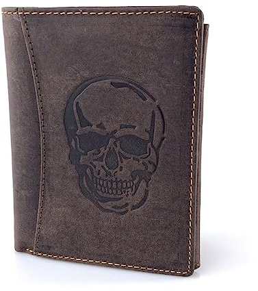 BUFFALO HILL Geldbörse I Totenkopf Motiv I Büffelleder Portmonee I Echtleder Geldbeutel I Hochformat Portemonnaie Herren I RFID-Schutz I Ledergeldbörse mit Münzfach I 11 Kartenfächer I 2395 (Braun)
