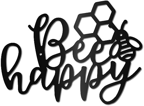 CREATCABIN Bee Happy Metall Wandkunst Dekor Wandskulptur Hängedeko Schild Eisen Umriss Wandkunst Schwarz Rustikales Dekor Ornament Wand Für Garten Innen Außen Wohnzimmer Home Office 12 x 8.7 Zoll
