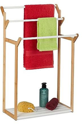 Relaxdays Bambus Handtuchhalter mit Ablage Toallero de Pie con Estante, Soporte Toallas 3 Brazos, para Secar Ropa, 82 x 50 x 35 cm, Bambú, Natural/Blanco
