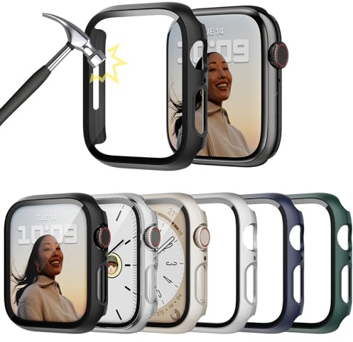 Lovmunia 6 stycken hårt fodral med skärmskydd kompatibelt med Apple Watch Series 9/8/7 45 mm, runt PC, ultratunt skyddshölje, inbyggt, reptåligt, härdat glas, skyddsfilm för iWatch 45 mm