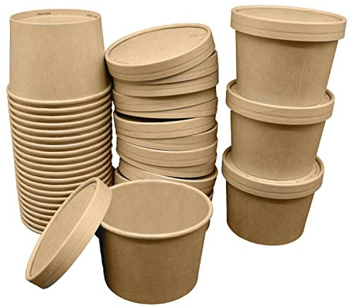 BAMI 50 Suppenbecher To Go mit Kraft Deckel | 475ml / 16oz - braun | Biologisch abbaubar & kompostierbar | Einweg Suppenschale Soup To Go