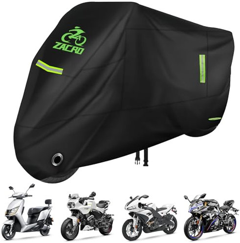 Zacro Motorrad Abdeckplane, Motorradabdeckung Outdoor Kratzfestes 420D Oxford Stoff Motorradplane, Wasserdicht UV-Beständiges Atmungsaktiv Motorradgarage mit reflektierenden Streifen,Verschlusslöchern