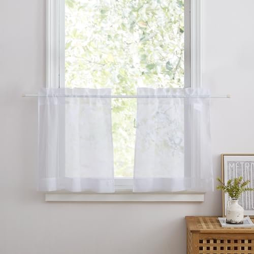 PONY DANCE Cortinas Cocina y Dormitorio Cortas 60x60 cm - Visillo Blanco Transparente Para Ventana - Cortinas de Casa Baratas, 2 Piezas