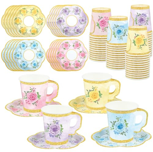 48 Sets Floral Paper Tea Cups and Saucers Disposable Tea Party Supplies Colorful Flower Teacups with Handle and Plates for Hot Cold Drink Wedding Birthday Party Baby Shower