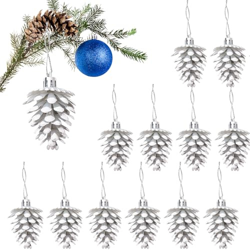 HERZONE 12pcs Weihnachtsbaumanhänger Tannenzapfen Anhänger Pinienzapfen anhänger,Zapfen Deko zum Anhängen (Weiss(zapfen))
