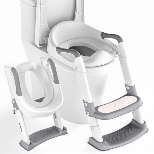 Potty Training Toilet Seat, Adjustable Toddlers Potty Toilet Trainer with Steps Non Slip Handle & Soft Cushion Foldable Travel Toilet Seat Toddler Child Toilet Training Seat for Kids Boys Girls, Gray