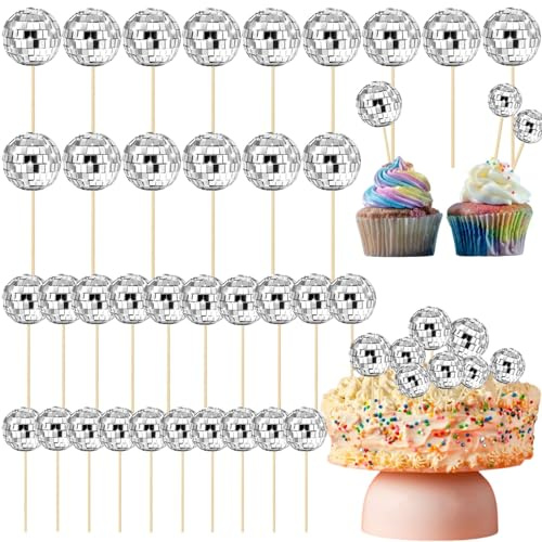 35 PCS Disco Ball Cake Decorations, Disco Ball Cake Topper Cake Toppers for Disco Ball Decorations Theme Party Supplies Disco Balls for Cake Dessert Toppers (Silver)