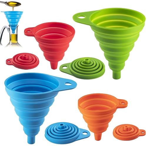 SiHuiTu 4 Pcs Collapsible Silicone Funnel Set, Rainbow Colors, 2 Sizes, Foldable for Water, Oil, Liquid Transfer