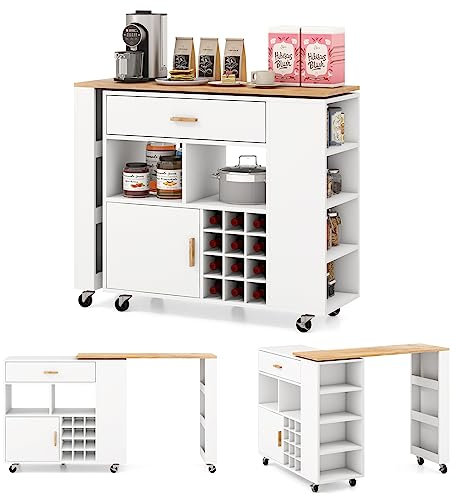 GOPLUS Isla de Cocina con Mesa Giratoria, Carro de Cocina con Ruedas, Armario, Botellero, Cajón, Especiero, Ruedas Giratorias y Bloqueables 360°, 120x40x100cm (Blanco)