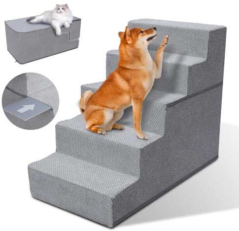 Myiosus Hundetreppe, 5 Stufen, rutschfeste Hundetreppe für Kleine Hunde, Waschbar Haustiertreppe, Hunderampe aus Hochdichtem Schwamm, wasserdichte Katzentreppe für Bett, Sofa und Auto