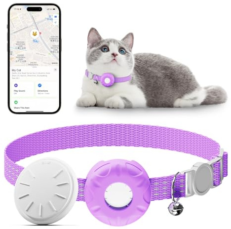 Cat Tracker, Waterproof Pet Tracker for Cats, Cat GPS Tracker Collar with Safety Elastic Buckle, Works with Any Collar, GPS Tracker Compatible with Apple Find My App (Only iOS), No Monthly Fee, Purple