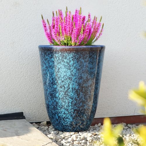 Jack Stonehouse Outdoor Tall Speckled Blue Planter | Ceramic Look Round Plastic Flower Pot With Glossy Finish | Frost & UV Resistant Modern Garden Plant Pot | Dia: 29cm | Artistic Blue (2)
