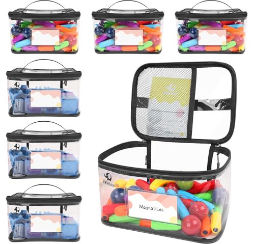 BEBOAN 6 Packs Toy Storage Organizer Bags for Kids, Travel Waterproof Clear Bag for Building Blocks/Car Toy/Dolls Organization, Reusable PVC Case Black