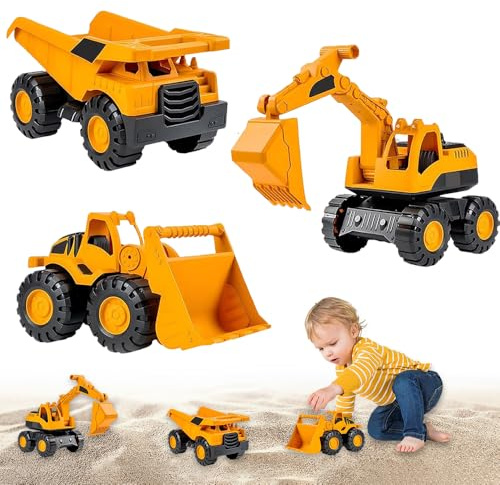 XPJBCK Lot de 3 Jouets de Pelleteuse, Tractopelle Enfant, Pelle Jouet, Pelleteuse Enfant Exterieur, Pièces Solides et Flexibles, Véhicules de Construction pour Enfants(Pelleteuse, Tracteur, Bulldozer)