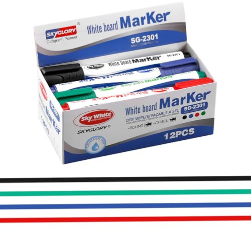 SKYGLORY 4 Colours x 3 Count Chisel Low Odour Whiteboard Pens White Board Markers, Erasable Dry Wipe Whiteboard Marker Pen for Home & Office Supplies (Mixed)