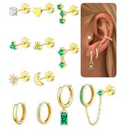 FANCH 12PCS Helix Piercings Flat Back Earrings for Women Surgical Steel | Hypoallergenic Stud Huggie Hoop Earrings 14K Gold Plated Tragus Cartilage Green CZ Chain Earrings Set for Multiple Piercings