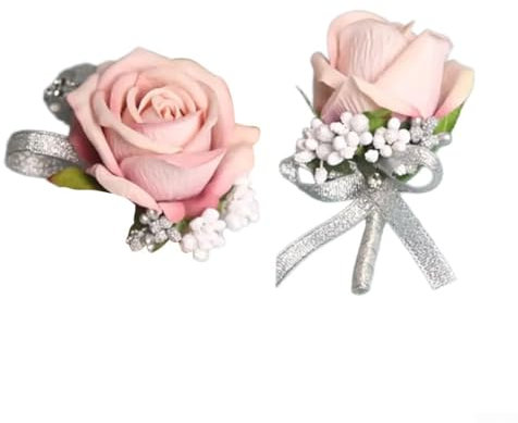 Hochzeits-Corsage und Handgelenk-Blume, 2 Stück, Rosenblume, Ansteckblume für Damen, Braut, Brautjungfer, Corsagen für Hochzeit, Party (rosa)