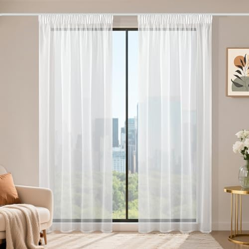 Runyéla Stores Gardinen mit Kräuselband 2er Set, Voile Schiebegardinen 230 x 120 (HxB), Transparent Gardine, Vorhang Weiß, Vorhänge für Wohnzimmer Schlafzimmer Sheer Curtain